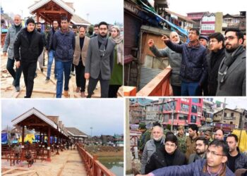 Div Com Kashmir reviews wooden pedestrian bridge work at Amira Kadal