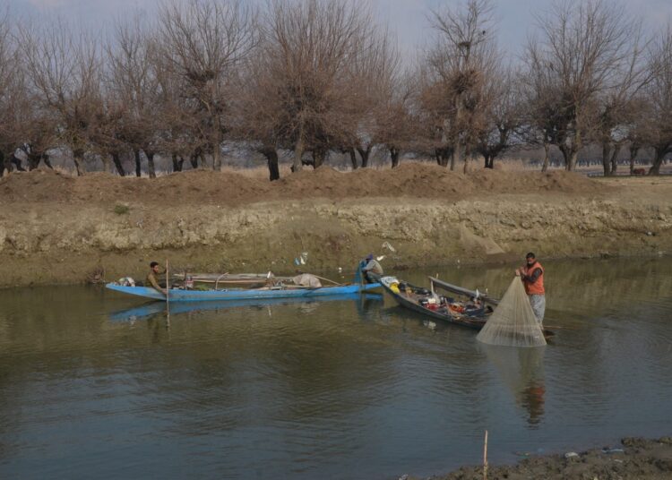 Fishermen cast their net in Wullar lake in north Kashmir’s Bandipora district