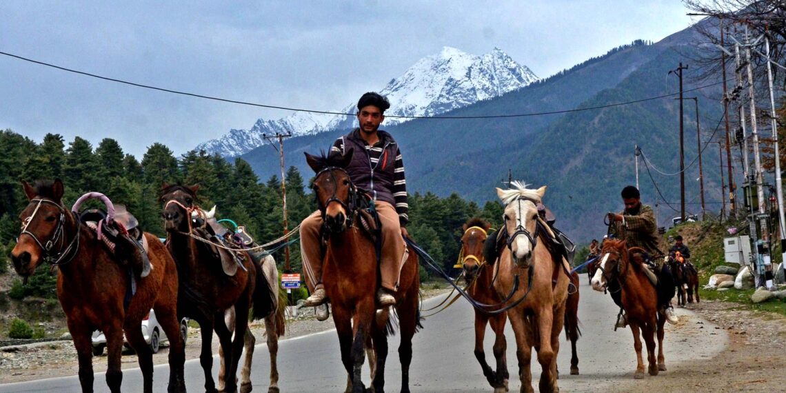 Horsemen riding their horses in renowned tourist destination, Pahalgam in south Kashmir