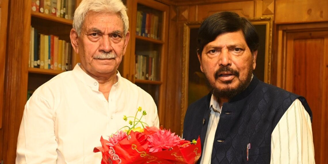 Ramdas Athawale, Union Minister of State for Social Justice and Empowerment called on Lieutenant Governor Manoj Sinha at Lok Bhavan on Saturday