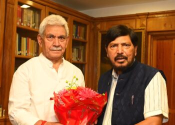 Ramdas Athawale, Union Minister of State for Social Justice and Empowerment called on Lieutenant Governor Manoj Sinha at Lok Bhavan on Saturday