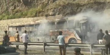 47 Yatris escape unhurt as moving bus catches fire in Ramban