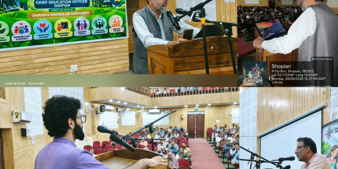 Environment Building Programme on Inclusive Education organised in Shopian KT News Desk SHOPIAN, SEPTEMBER 28: The Office of the Chief Education Officer, Shopian, organised an Environment Building Programme under the aegis of Samagra Shiksha, Inclusive Education Component, with the objective of sensitising teachers, parents and other community stakeholders towards the educational needs, rights and inclusion of Children with Special Needs (CWSN) enrolled in various schools of District Shopian. Speaking on the occasion, the Chief Education Officer, Shopian, as per an official statement, said that inclusive education is not merely an administrative or institutional responsibility but a collective social commitment to ensure dignity, equality and equal educational opportunities for every child. He emphasised that no child should feel excluded, neglected or disadvantaged because of disability or any other special educational need. He stressed that the true measure of an inclusive school is not merely the presence of a child with special needs in the classroom, but the extent to which that child is able to participate, learn, communicate, develop confidence and feel an equal and valued member of the school community. He further highlighted the need for schools to progressively strengthen their infrastructure and accessibility facilities and ensure that teachers are adequately sensitised and equipped with appropriate pedagogical strategies to address the individual learning requirements of CWSN. He called upon teachers to adopt a compassionate and child-centred approach, recognising that every child has unique abilities, strengths and potential. The CEO also underscored the pivotal role of parents and the community in promoting inclusive education. He stated that sustained collaboration between schools and parents is essential for identifying the needs of children at an early stage, providing timely support and ensuring continuity between home and school-based interventions. Emphasising the importance of changing societal attitudes, the Chief Education Officer called for collective efforts to move beyond sympathy towards acceptance, empowerment and meaningful participation of children with special needs. He observed that an inclusive education system ultimately contributes towards building a more sensitive, equitable and compassionate society. The CEO further reiterated that the Education Department, Shopian, remains committed to strengthening the Inclusive Education Component of Samagra Shiksha and to ensuring that every child, irrespective of individual differences or disabilities, receives an opportunity to learn in a safe, supportive and enabling environment. The Deputy Chief Education Officer, in his inaugural address, highlighted the importance of creating an inclusive, supportive and barrier-free educational environment where children with special needs can learn, participate and thrive alongside their peers. The Dy. CEO emphasised that meaningful inclusion requires appropriate infrastructure, accessibility facilities and adequately trained human resources capable of responding to the diverse educational needs of children with special needs. He further stressed the importance of fostering an empathetic and child-friendly environment in schools and classrooms so that CWSN are provided equal opportunities to participate in the teaching-learning process and realise their full potential. Comprehensive training and awareness sessions were subsequently delivered by Special Education Teachers, who sensitised the participants about various dimensions of inclusive education, identification of special educational needs, classroom support strategies, appropriate pedagogical interventions and the importance of creating an enabling environment for CWSN. The resource persons also highlighted the role of teachers and parents in promoting confidence, dignity, participation and independence among children with special needs. The participants were sensitised about the importance of removing physical, instructional and social barriers that may hinder the meaningful participation of CWSN in school activities. The programme witnessed active participation of teachers, parents and other stakeholders. The participants appreciated the initiative and emphasised the need for sustained awareness and capacity-building programmes to further strengthen inclusive practices across schools of the district. The programme concluded with a renewed commitment from all stakeholders towards building an education system where every child is respected, supported and given the opportunity to realise his or her fullest potential.