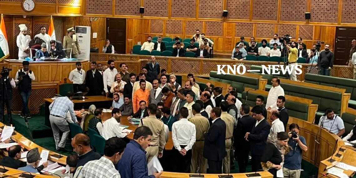 BJP submits no‑confidence motion against Speaker Conducts Parallel Proceedings in Well of House Rehan Qayoom Mir Srinagar, Sep 28: The Bharatiya Janata Party (BJP) on Monday submitted a no‑confidence motion against the Speaker of the Jammu and Kashmir Legislative Assembly, accusing him of allowing what they termed an unconstitutional reference to special status in the statehood resolution. As soon as Question Hour began, as per the news agency—Kashmir News Observer (KNO), BJP’s R.S. Pathania stood up, claiming that the Speaker could not preside over the House after a no‑confidence motion had been filed. “You cannot sit on the chair,” Pathania told the Speaker. The Speaker rejected the objections, clarifying that under the Rules of Procedure and Conduct of Business, leave for a no‑confidence motion can only be taken up 14 days after receipt of notice. “You can bring a motion. I have not seen it. Let me presume that it has been submitted. Our Rules are clear on how we deal with such motions,” the Speaker said, adding, “You don’t read the Rules properly.” As the Speaker explained the procedures, BJP legislators continued their protests, shouting slogans: “Speaker Sahab kursi chhodo, Speaker Sahab kursi chhodo.” Amid uproar, Leader of Opposition Sunil Kumar Sharma reiterated that statehood was part of the BJP’s agenda but ruled out any discussion on the pre‑1953 position. “The Government of India rejected the pre‑1953 position when Omar Abdullah was Union Minister,” Sharma said. As the Deputy Chief Minister responded to LoP Sharma, BJP MLAs stormed into the Well of the House and disrupted proceedings. In an unusual protest, BJP legislators staged a mock session from the Well of the House. After trooping in, they sat down and began conducting parallel proceedings. During the mock session, BJP MLA Balwant Singh pointed towards Congress MLA Nizamuddin Bhat, accusing him of supporting autonomy. “Do you want the restoration of the post of Prime Minister’s nomenclature in Jammu & Kashmir?” BJP MLA Mankotia asked Bhat. The BJP legislators sitting in the Well also tried to disrupt speeches of almost every MLA, including Chief Minister Omar Abdullah, during the debate on the statehood resolution. (KNO)